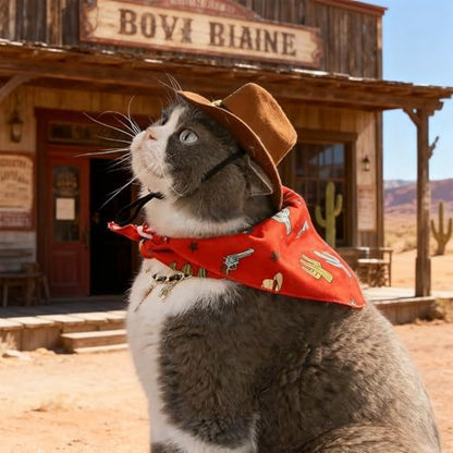 HOWWFALY Pet Cowboy Costume Set Dog Halloween Costumes Cat Cowboy Hat & Bandana Scarf for Small Medium Breeds(Bule, Small) - Image 6