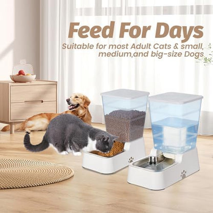 Automatic 5.4L/1.4Gal Pet Waterer, Automatic Dog Water Dispenser Gravity Stainless Steel Water Feeder, Large Capacity Feeding Bowls for Cats and Medium & Large-Sized Dogs (White, Food+Water)
