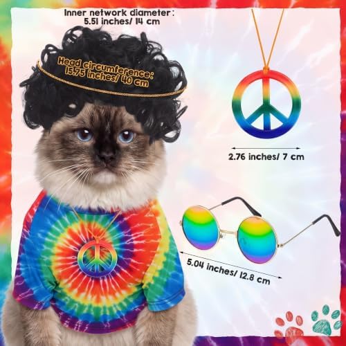 Kinlop 4 Pcs Hippie Dog Costume Halloween Pet Costume Accessories Includes 60s 70s Colorful Tie Dye T-Shirt Funky Wig Peace Sign Necklace and Sunglasses for Party Dress Up(S) - Image 3