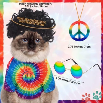 Kinlop 4 Pcs Hippie Dog Costume Halloween Pet Costume Accessories Includes 60s 70s Colorful Tie Dye T-Shirt Funky Wig Peace Sign Necklace and Sunglasses for Party Dress Up(S) - Image 3