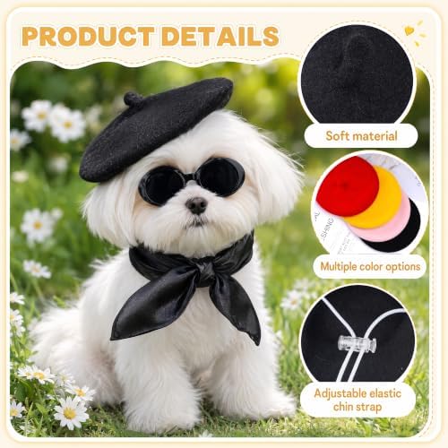 Dog Beret Scarf Glasses Pet French Beanie for Small Dogs Cats(Black, Small) - Image 3