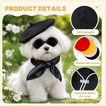 Dog Beret Scarf Glasses Pet French Beanie for Small Dogs Cats(Black, Small) - Image 3