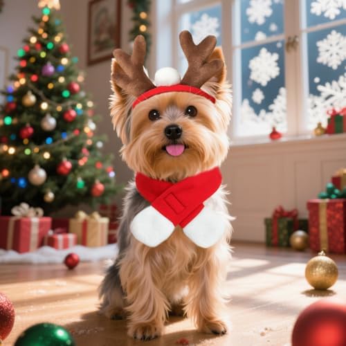 NAMSAN Pet Reindeer Costume for Cats Small Dogs Rabbits, Christmas Cat Antler Headband with Red Scarf, Small Dog Santa Deer Antler Outfit for Christmas New Year Party Cosplay Statue Decoration - Image 4