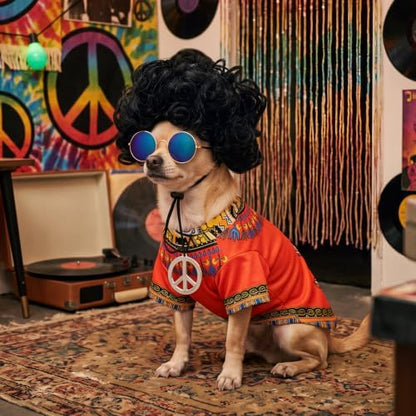 Kinlop 4 Pcs Hippie Dog Costume Halloween Pet Costume Accessories Includes 60s 70s African Dashiki T-Shirt Afro Wig Peace Sign Necklace and Sunglasses for Party Dress Up(M) - Image 2