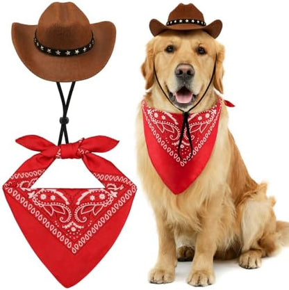 Halloween Pet Cowboy Costume Accessories Set Dog Cat Cowboy Hat with Bandana Scarf Pet Dogs Cats Size Western Costume Accessories for Cute Puppy Kitten Holiday Wearing West Cosplay Party Outfit by peonyman