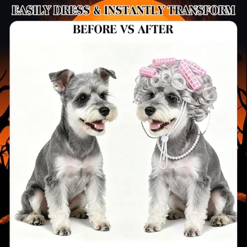 EXPAWLORER 4 Pcs Dog Halloween Old Lady Costume, Funny Pet Grandma Outfit with Adjustable Curler Wig, Pearl Necklace, Glasses and Chain, Ideal for Halloween, Christmas, Cosplay & Pet Birthday Parties - Image 2