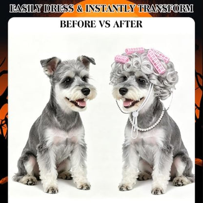 EXPAWLORER 4 Pcs Dog Halloween Old Lady Costume, Funny Pet Grandma Outfit with Adjustable Curler Wig, Pearl Necklace, Glasses and Chain, Ideal for Halloween, Christmas, Cosplay & Pet Birthday Parties - Image 2