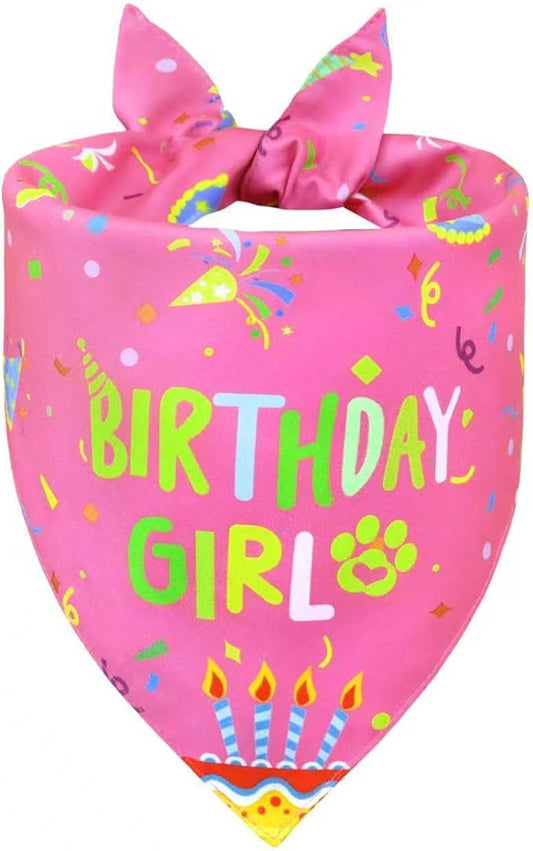 Dog Birthday Bandana Girl for Small Dogs, Reversible 2 Patterns in 1, Pink Confetti Scarf, Happy Birthday Party Outfit Puppy Gift (9-14" Neck)