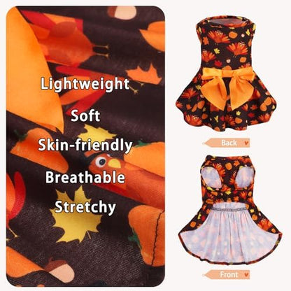 PUPTECK Thanksgiving Dog Dress with Bowtie, Orange Turkey Pumpkin Print, M - Image 3