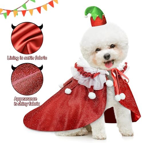 KOUPA Pet Christmas Costume with Hat, Dog Halloween Clothes Cosplay Wizard Cloak for Small Puppy Kitten Animal, Shiny Cat Outfit Suit for Party Holiday, Red - Image 3
