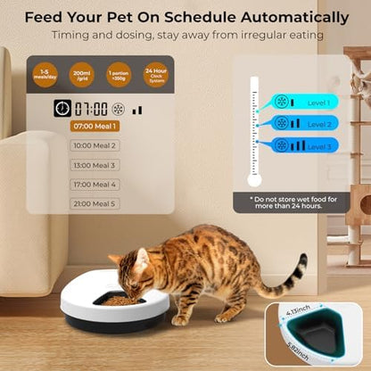 UBPET F10 Automatic Cat Feeder Wet Food, Semiconductor Cooling 5 Meal Timed Meat Dispenser, 24-Hour Freshness 3 Cooling Modes, Dry and Wet Food Automatic Feeder for Cats and Dogs