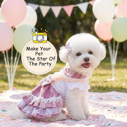 Plaid Princess Dog Dress, Multi Layered Skirt Lace Trim Design Dog Outfit, Girl Dog Clothes with Large Bow & Bow Hair Accessory for Birthday, Wedding, Party, Photoshoot (L) - Image 3