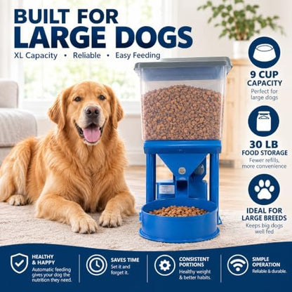 Precision XL Automatic Large Dog Feeder, 30 lb Storage Capacity, Program up to 4 timed Meals/Day with Smartphone, JAM-Free (Royal Blue)
