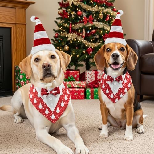 Christmas Snowman Pattern Dog Adjustable Tuxedo with Red White Stripe Santa Hat Xmas Puppy Costume Set Christmas Themed Outfits for Cats Puppy Dog L - Image 2