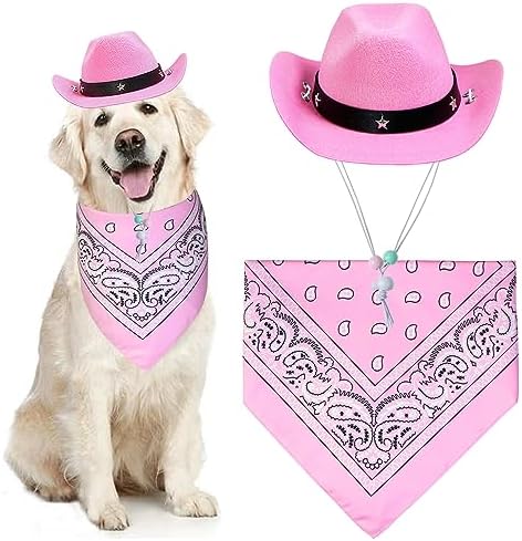 GOYOSWA Dog Halloween Costumes, Dog Cowboy Costume Halloween Pet Cowboy Hat Bandana Scarf for Small Medium Large Dogs Pets (Pink Hat & Pink Bandana, Large) by GOYOSWA