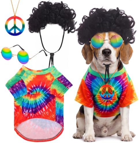 Kinlop 4 Pcs Hippie Dog Costume Halloween Pet Costume Accessories Includes 60s 70s Colorful Tie Dye T-Shirt Funky Wig Peace Sign Necklace and Sunglasses for Party Dress up(L) by Kinlop