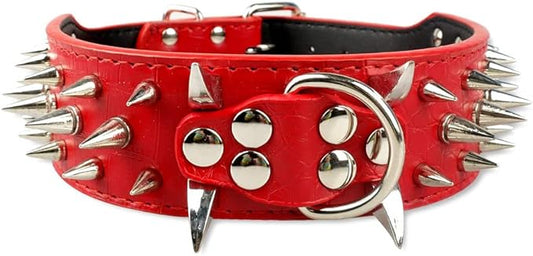 Serijoars Spiked Studded Dog Collar, PU Leather Dog Collar, Adjustable Pet Collars for Medium or Large Breed Pet (L, Red5)