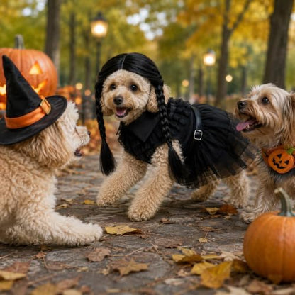 3 Pcs Halloween Dog Dress Costume with Belt Wig, Black Cute Pet Costume (L) - Image 6
