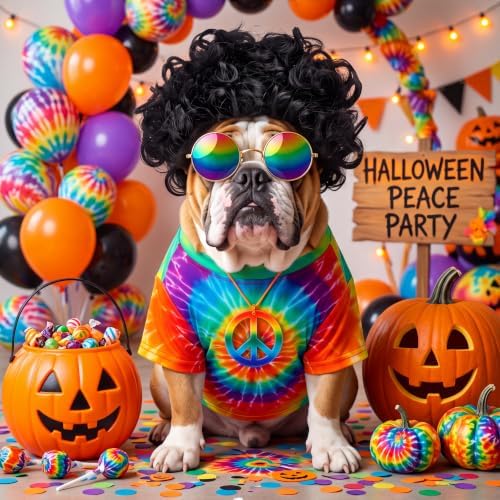 Kinlop 4 Pcs Hippie Dog Costume Halloween Pet Costume Accessories Includes 60s 70s Colorful Tie Dye T-Shirt Funky Wig Peace Sign Necklace and Sunglasses for Party Dress Up(XL) - Image 4