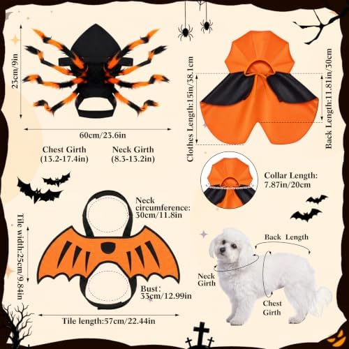 3 Pcs Halloween Costume for Dog Cat, Spider Bat Wings Cape, Orange, M - Image 2