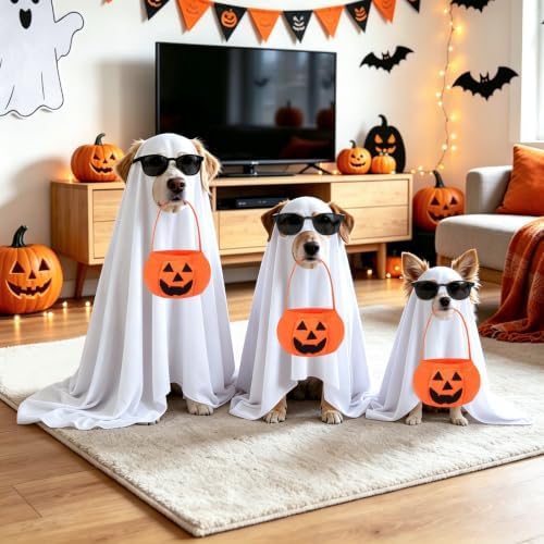PETKNOWS Halloween Dog Ghost Costume Set with Sunglasses Pumpkin Bag(L) - Image 6