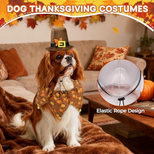 Dog Thanksgiving Costume,Thanksgiving Collar Hat Set Pets Puppy Cat Halloween Outfit Apparel Cosplay,Dog Collar with Bells and Funny Hat Accessories Decoration for Small Medium Dogs 2 Pcs,Brown - Image 4