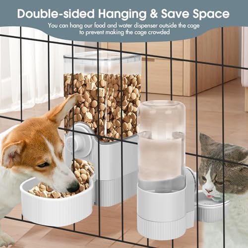 Hanging Cage Auto Small Pet Feeder Waterer Set for Puppy Cats, Grey