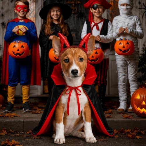 MOFASVIGI Dog Halloween Costume, Devil Horns Vampire Cape for Medium Dogs - Image 6