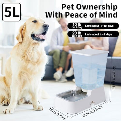 Meikuler Automatic Dog Cat Water Dispenser Large Capacity 5Lfor Cats and Medium and Large-Sized Dogs with Stainless Steel Bowl (Black, 5L)