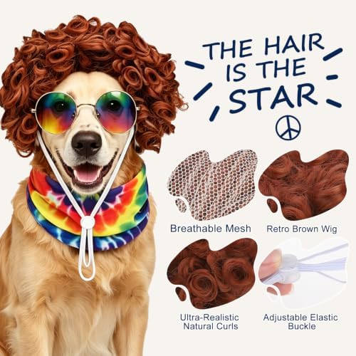 EXPAWLORER 4 Pcs Hippie Dog Halloween Costume, Funny Pet Cosplay Set Includes Adjustable Curler Wig, Sunglasses, Tie-Dye Scarf & Necklace, Ideal for Halloween, Christmas, Cosplay & Birthday Parties - Image 5