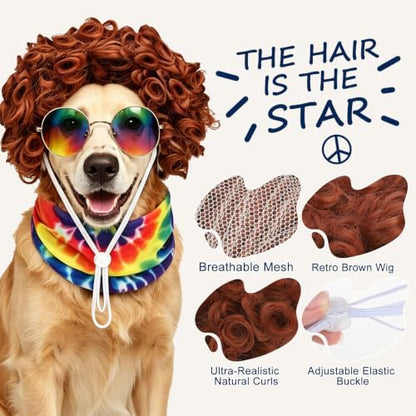 EXPAWLORER 4 Pcs Hippie Dog Halloween Costume, Funny Pet Cosplay Set Includes Adjustable Curler Wig, Sunglasses, Tie-Dye Scarf & Necklace, Ideal for Halloween, Christmas, Cosplay & Birthday Parties - Image 5
