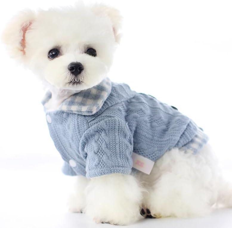 Dog Princess Sweater for Small Dogs Thick Shirt Plaid Clothes Costume Pet Girl Cute Coat Outfits Fall Costumes Winter Dog Sweaters (L,Blue) - Image 3