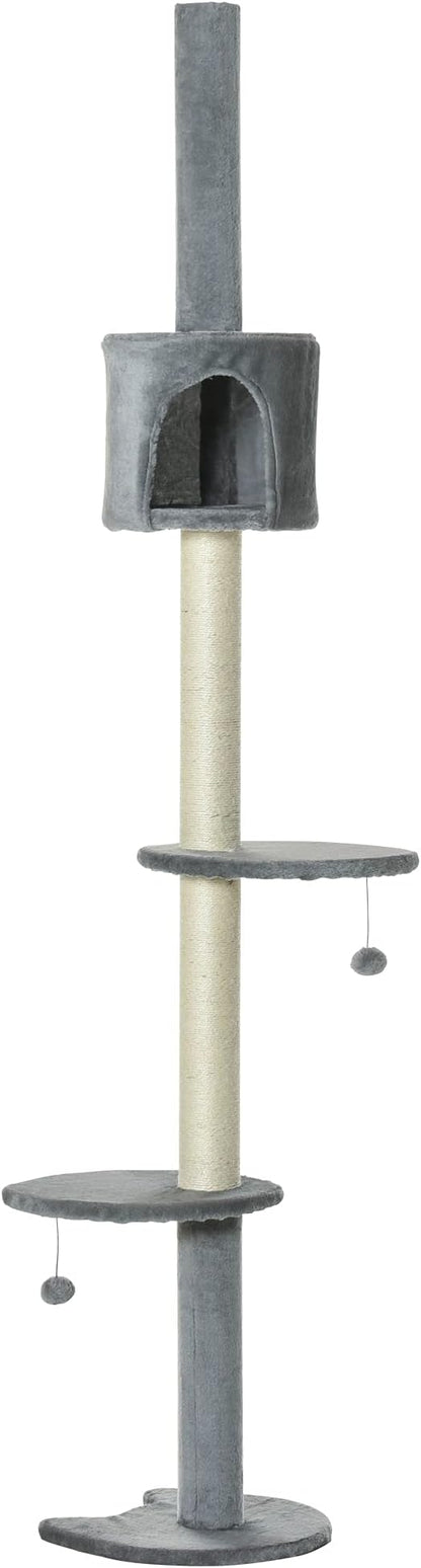 PawHut 85.5" Cat Tree Height Adjustable Floor-to-Ceiling 4-Tier Kitty Climbing Activity Center Condo Cat Toy with Scratching Post Hanging Balls Play Rest Post Pet Furniture Grey