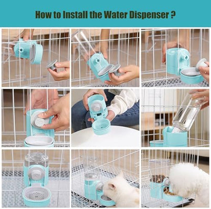 Hanging Cage Automatic Food Water Dispenser, Auto Gravity 1.2L Self-Feeding Feeder and 0.52L Waterer Set, Crate Auto Feeder Dish for Puppy Cats Ferret Bunny Guinea Pig Small Pets (Blue)