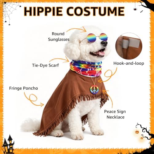 SCENEREAL 4 Pcs Hippie Dog Halloween Costume, Poncho Sunglasses Scarf - Image 5