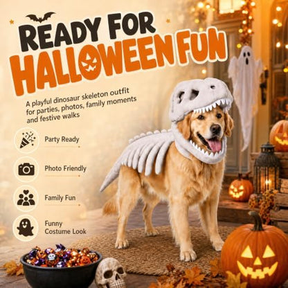 Pet Dinosaur Skeleton Costume for Cat Dog Halloween (White 35.4in) - Image 3