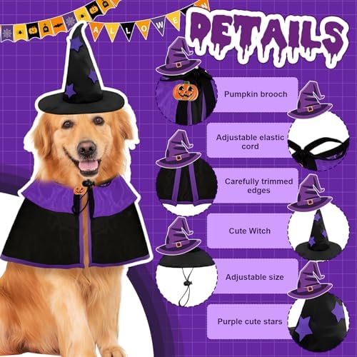 Dog Witch Costume - Dog Halloween Costume Adjustable Wizard Cape with Sewn PumpkinBrooch Witch Hat for Medium to Large Halloween Set for Parties Photo Shoots Daily Cosplay - Image 2