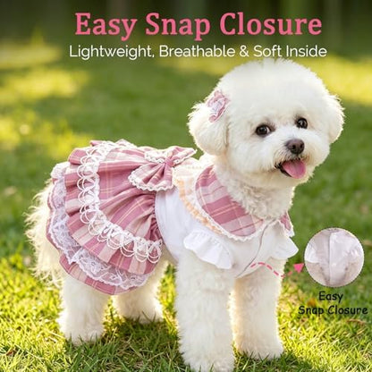 Plaid Princess Dog Dress, Multi Layered Skirt Lace Trim Design Dog Outfit, Girl Dog Clothes with Large Bow & Bow Hair Accessory for Birthday, Wedding, Party, Photoshoot (XL) - Image 6