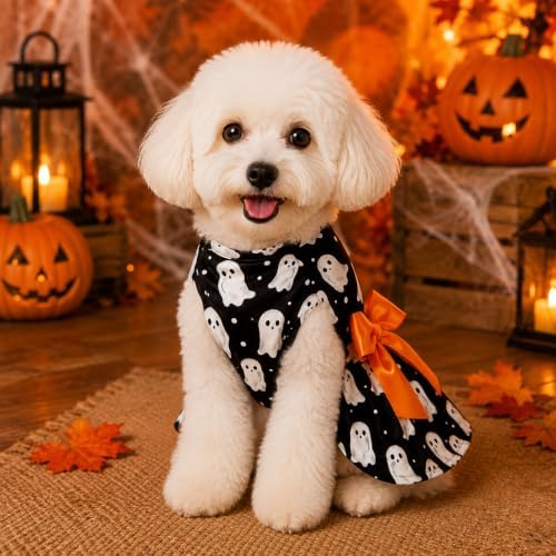 Halloween Dog Dress Ghost Print Pet Costume with Orange Bow Soft Fabric 5 Sizes for Small & Medium Dogs Cute & Comfortable Holiday Outfit - Image 6