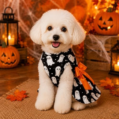 Halloween Dog Dress Ghost Print Pet Costume with Orange Bow Soft Fabric 5 Sizes for Small & Medium Dogs Cute & Comfortable Holiday Outfit - Image 6
