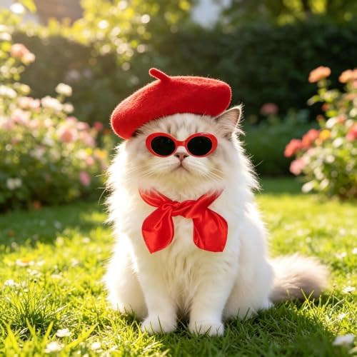 Dog Beret Scarf Glasses Pet French Beanie for Small Dogs Cats(Red, Small) - Image 7