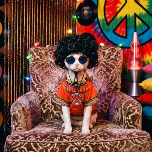 Kinlop 4 Pcs Hippie Dog Costume Halloween Pet Costume Accessories Includes 60s 70s African Dashiki T-Shirt Afro Wig Peace Sign Necklace and Sunglasses for Party Dress Up(S) - Image 2