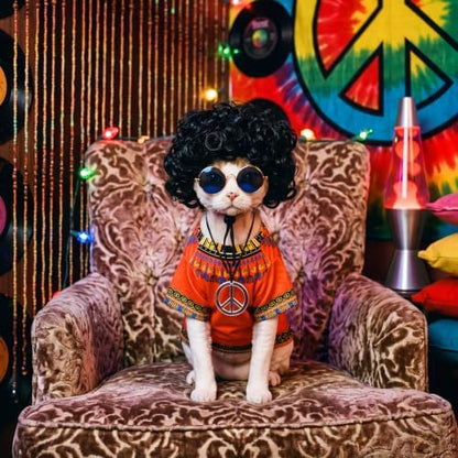 Kinlop 4 Pcs Hippie Dog Costume Halloween Pet Costume Accessories Includes 60s 70s African Dashiki T-Shirt Afro Wig Peace Sign Necklace and Sunglasses for Party Dress Up(S) - Image 2