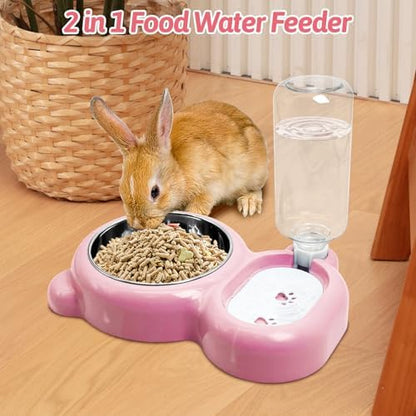 Rabbit Double Bowls Bunny Automatic Water Dispenser Detachable Stainless Steel Bowl No-Spill Water Bottle Food Feeder for Small Animals Bunny Squirrel Cat Puppy Chinchilla