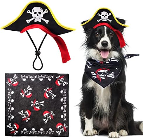 2 Pieces Skull Print Pet Pirate Hat with Pirate Skull Bandana Dog Cat Captain Cap Halloween Pirate Cosplay Costume Halloween Party Hat Dress Up Costume Accessories (B) One Size by Aichiyu
