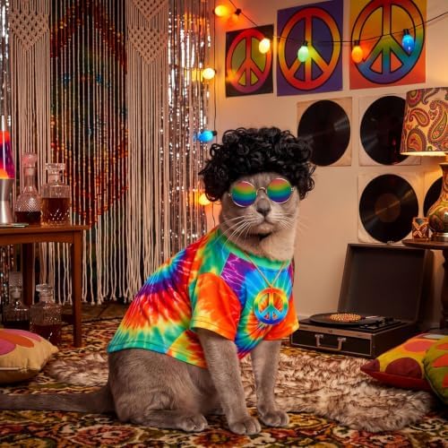 Kinlop 4 Pcs Hippie Dog Costume Halloween Pet Costume Accessories Includes 60s 70s Colorful Tie Dye T-Shirt Funky Wig Peace Sign Necklace and Sunglasses for Party Dress Up(S) - Image 6