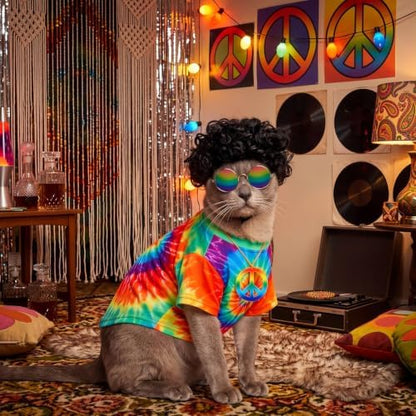 Kinlop 4 Pcs Hippie Dog Costume Halloween Pet Costume Accessories Includes 60s 70s Colorful Tie Dye T-Shirt Funky Wig Peace Sign Necklace and Sunglasses for Party Dress Up(S) - Image 6