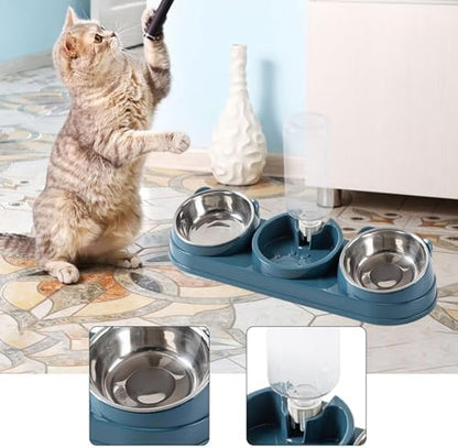 Triple Cat Bowls Pet Feeder with Water Dispenser 15° Tilted Wet and Dry Food Bowl Set for Small Dogs and Cats- Dark Blue