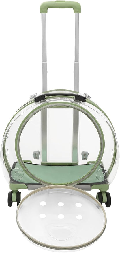 Transparent & Fully Breathable Hard Cat Carrier with Rolling Wheels, Multiple Carrying Carrier for Cats, Dogs, Or Bunnies for Traveling, Taking a Walk, Applicable Weighing up to 19.84lbs (Green,Clear)