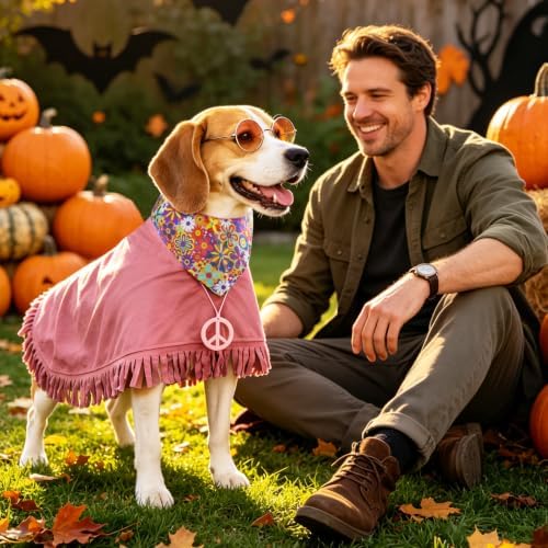 SCENEREAL 4 Pcs Hippie Dog Halloween Costume, Poncho Sunglasses Bandana - Image 3